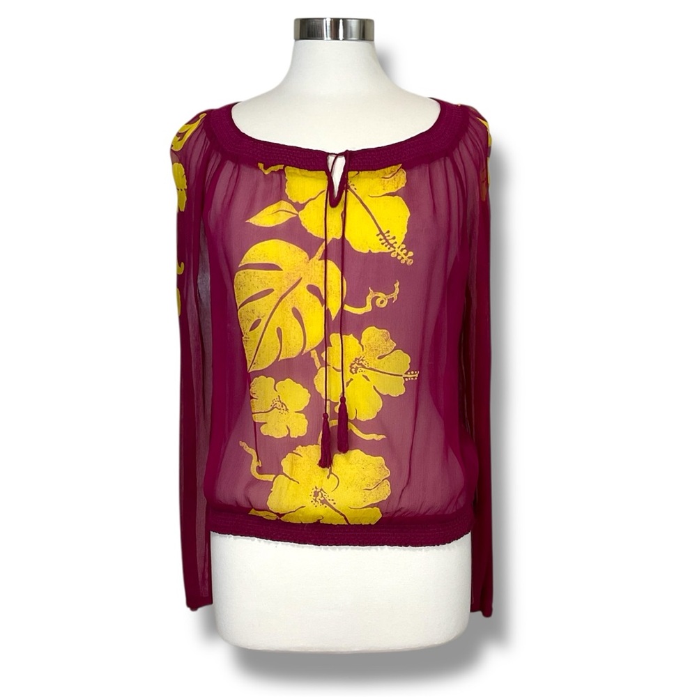 Lucky Brand by Dale Hope Silk Tropical Print Sheer Peasant Top